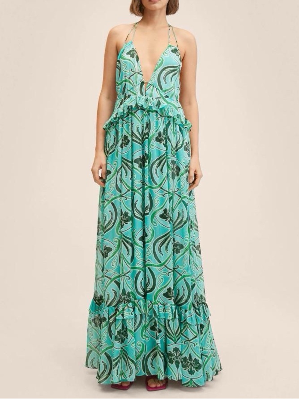 NWT Mango Boho Printed Tie-Back Halter Maxi Dress in Aqua Floral Print